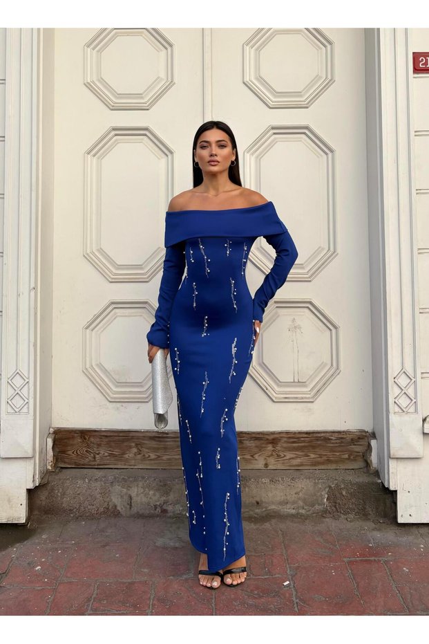 Stone Detailed Strapless Neckline Scuba Fabric Long Sleeve Dress Cobalt Blue 583350