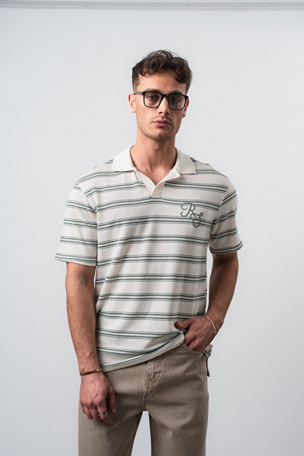 Men's Rs Embroidered Striped Polo Collar Regular Fit T-Shirt Çağla