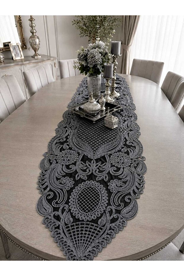 Saray Black Tulle Runner with Embroidery on Black Tulle 135 Cmx45 cm