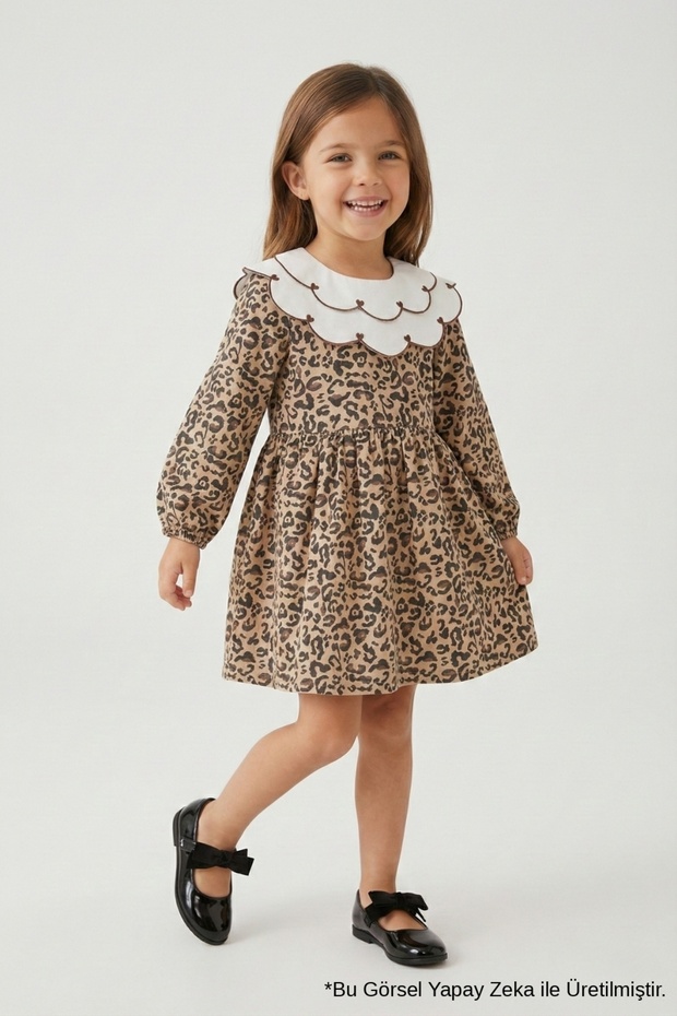 Brown Heart Patterned Collared Girl's Linen Dress - Vivienne