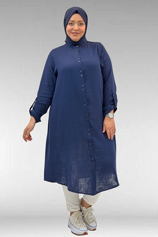 58092 Plus Size Double Button Detailed Muslin Shirt - Navy Blue