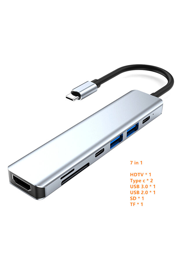 موزع USB C رمادي 7 في 1 إلى قارئ بطاقة SD TF متوافق مع HDMI بدقة 4K وقاعدة شحن USB 3.0 2.0 من النوع C
