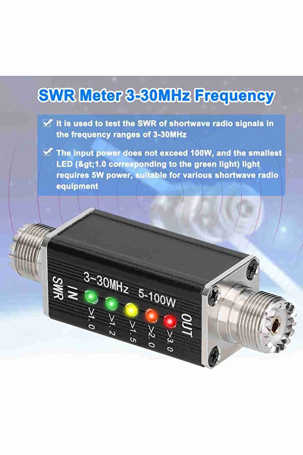 مقياس SWR بـ 5 مصابيح LED لقياس الترددات من 3 إلى 30 ميجاهرتز، مؤشر الموجات الثابتة للموجات القصيرة للبث التلفزيوني