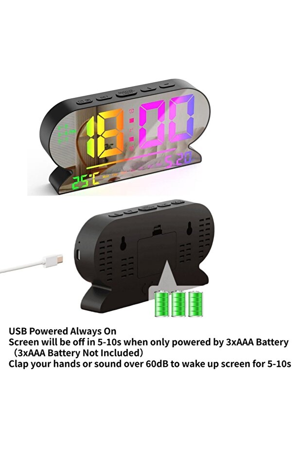 ساعة منبه رقمية تعمل بمنفذ USB من BM مع مؤشر درجة الحرارة والتاريخ والأسبوع، منبهين، وضع ليلي، وظيفة الغفوة، ساعة طاولة بـ 3 إضاءات
