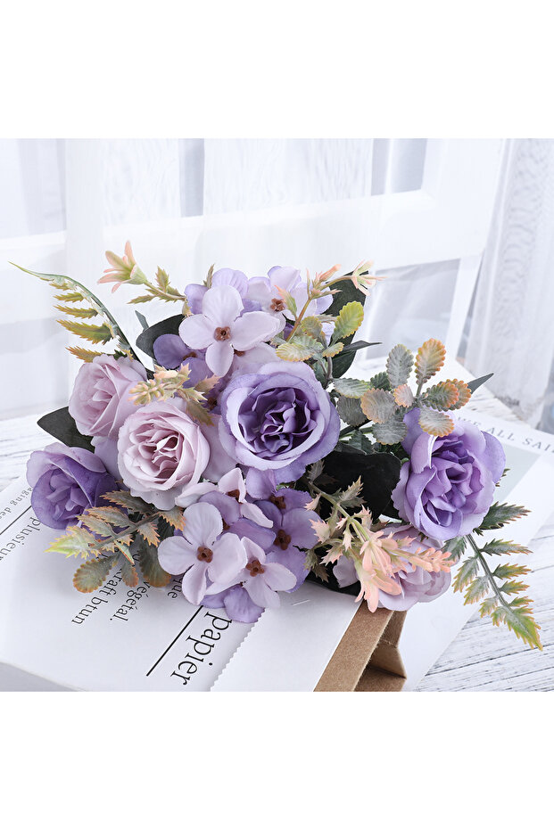 1pc Light Purple Beautiful Roses Artificial Flowers Silk Hydrangea Wedding Bouquet For Bride Home Pa