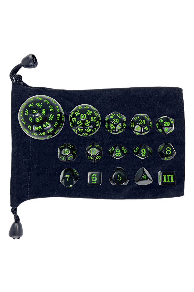 Black Green 15 Pieces Acrylic Opaque Polyhedral Dice Set D3-D100 Game Dice with Velvet Dice Bag for