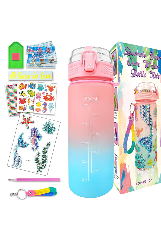 Pink Decorate Your Own Water Bottle Kits for Girls Age 4-6-8-10,Mermaid Painting Crafts,Fun Arts and