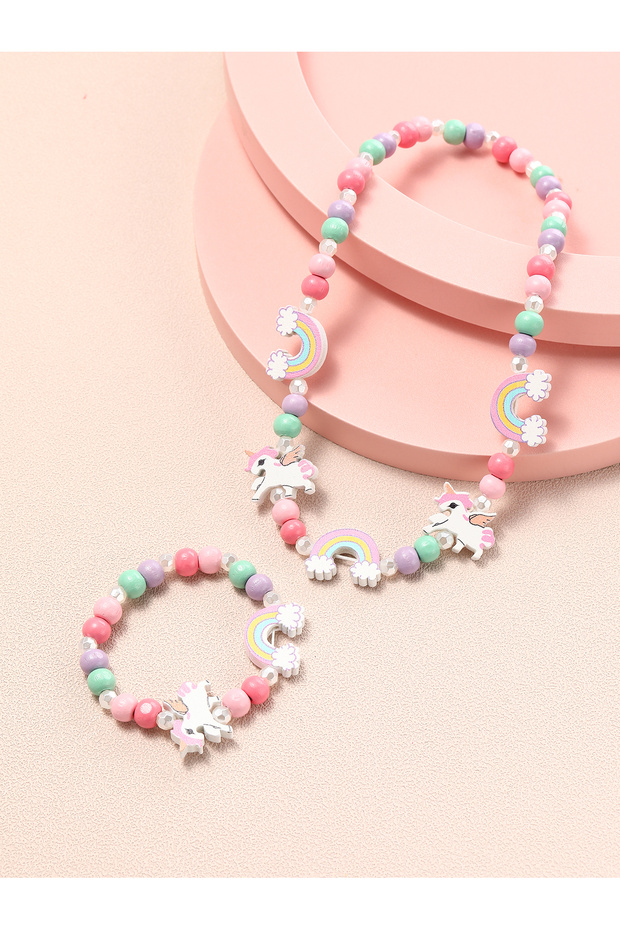QT052-02 2Pcs Children Girls Wooden Butterfly Unicorn Pendant Necklace with Bracelet Set for Little