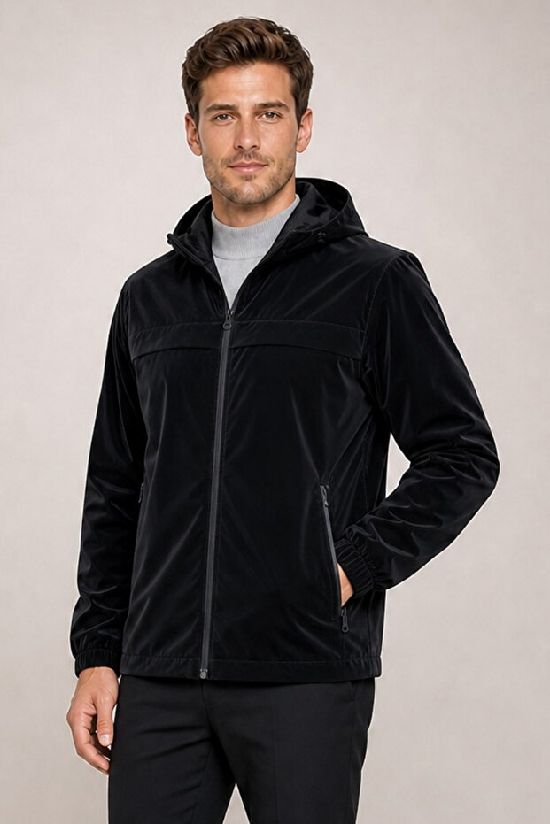 Men's Black Hooded Nova Fabric Stylish Seasonal Water and Windproof Raincoat