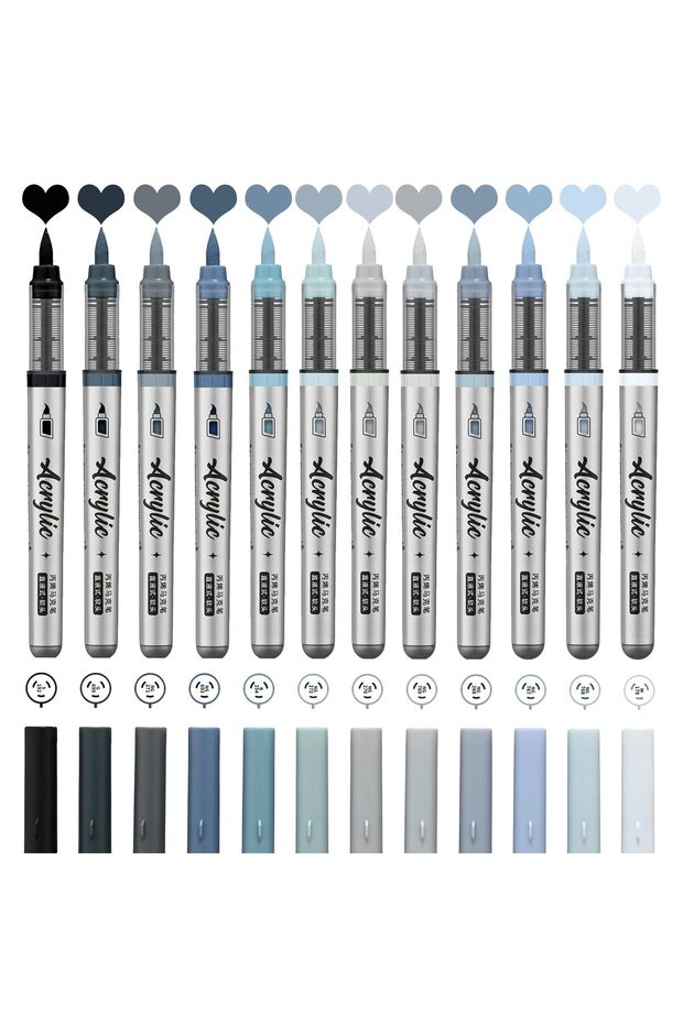 Grey Series Acrylic Paint Markers ,12 pcs Brush Tip Acrylic Paint Pens Set with 9 Professional Color