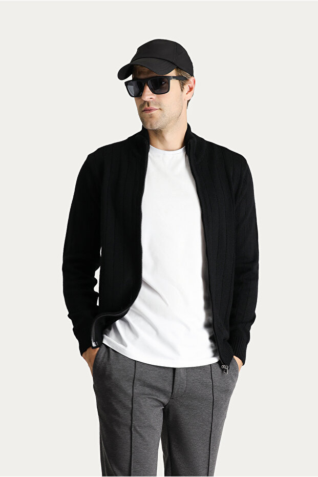 Mock Neck Zippered Regular Fit Striped Knitwear Cardigan