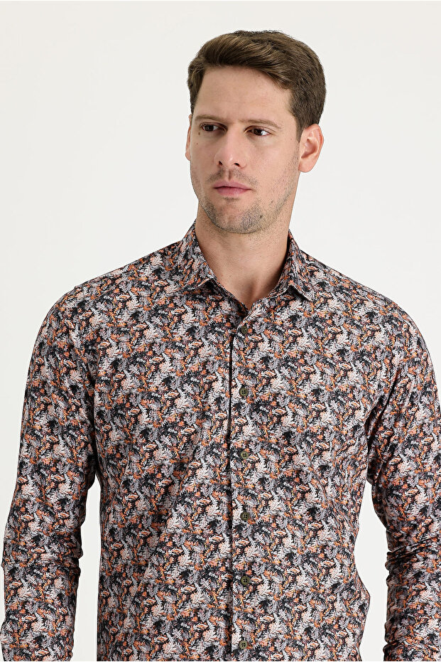 Long Sleeve Slim Fit Slim Fit Printed Cotton Shirt
