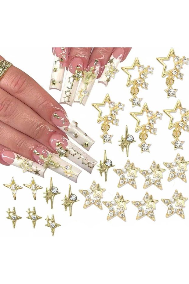 TZ-361 30PCS Gold Star Nail Charms Shiny 3D Stars Nail Gems Starlight Nail Jewelry Y2K Charms for Ac