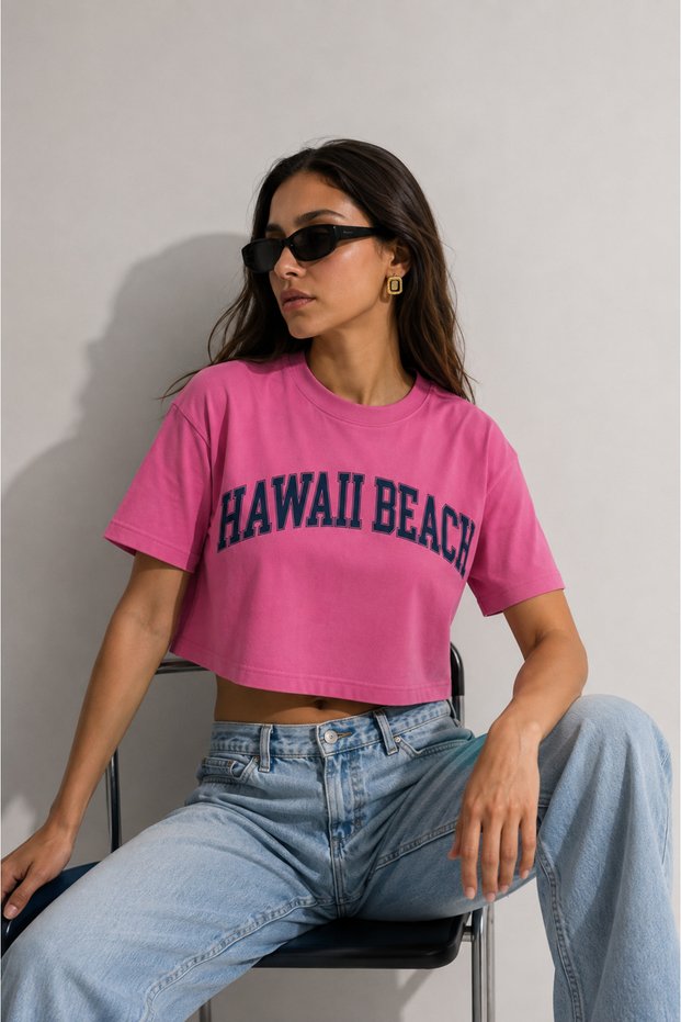 Women's Pink Comfortable Fit Hawaiian Printed Crop T-Shirt (95% Cotton)
