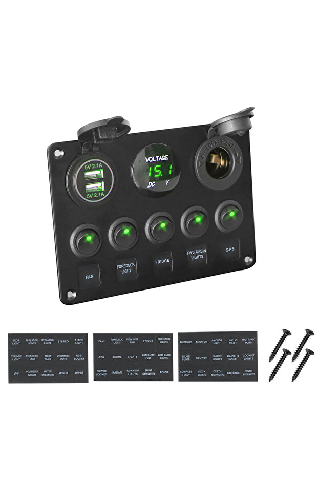 لوحة مفاتيح LED خضراء بخمسة أزرار، 12 فولت/24 فولت، مع مؤشر جهد 3 فولت، مناسبة للسيارات والقوارب البحرية.