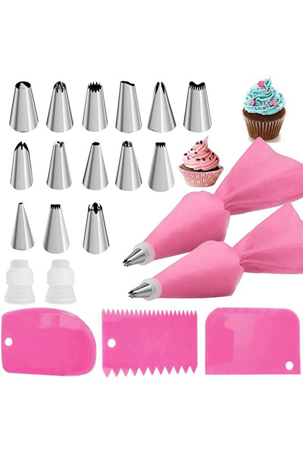 21PCS-PINK Stainless Steel Cake Decorating Nozzle Piping Bag Set Kitchen Confectionery Equipment Pas