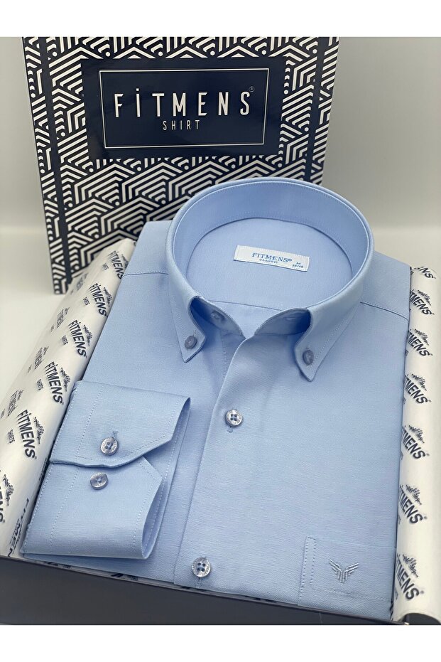 Classic Long Sleeve Cotton Collared Buttoned Gift Boxed Easy-Iron Men's Shirt Fs-003897 - Blue