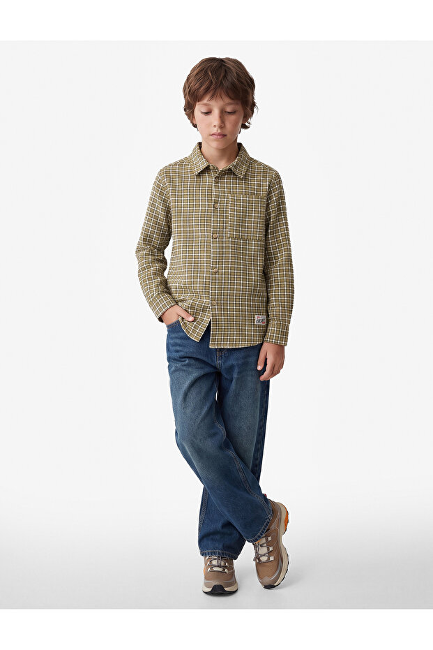 Cotton Long Sleeve Plaid Shirt with Pockets