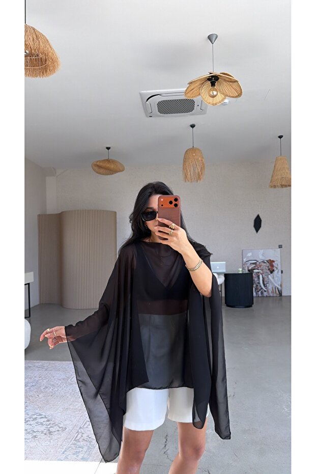 Black Chiffon Transparent Poncho
