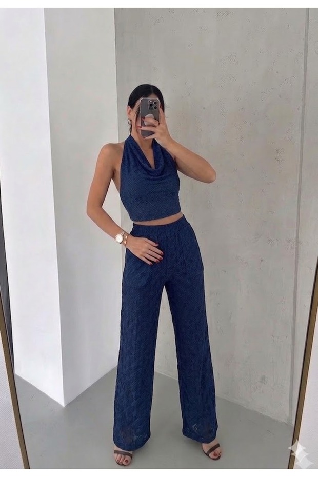 100% Cotton Navy Blue Scallop Pattern Top and Bottom Set • Summer Breathable Fabric • Stylish Comfortable Women's Matching Set
