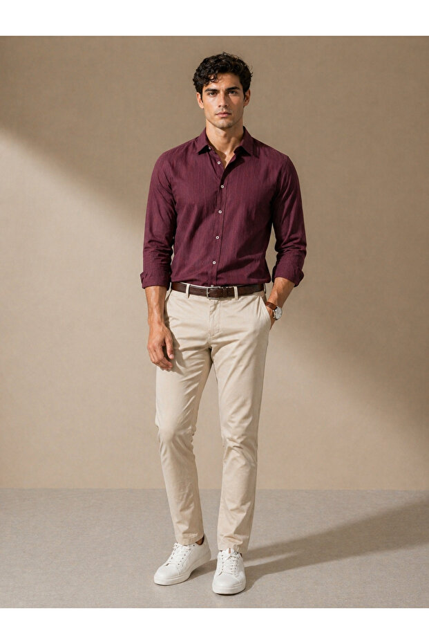 Men's Burgundy Textured Striped Regular Fit Shirt