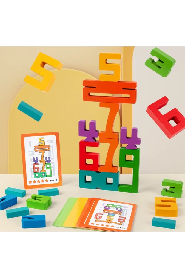 Number Stacking Blocks Toy for – Wooden Counting Game with Cards Age 3+