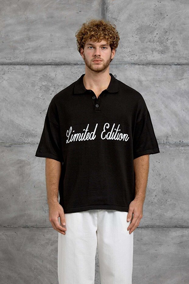 Men's T-Shirt Limited Written Polo Collar Black Oversize Printed Knitwear