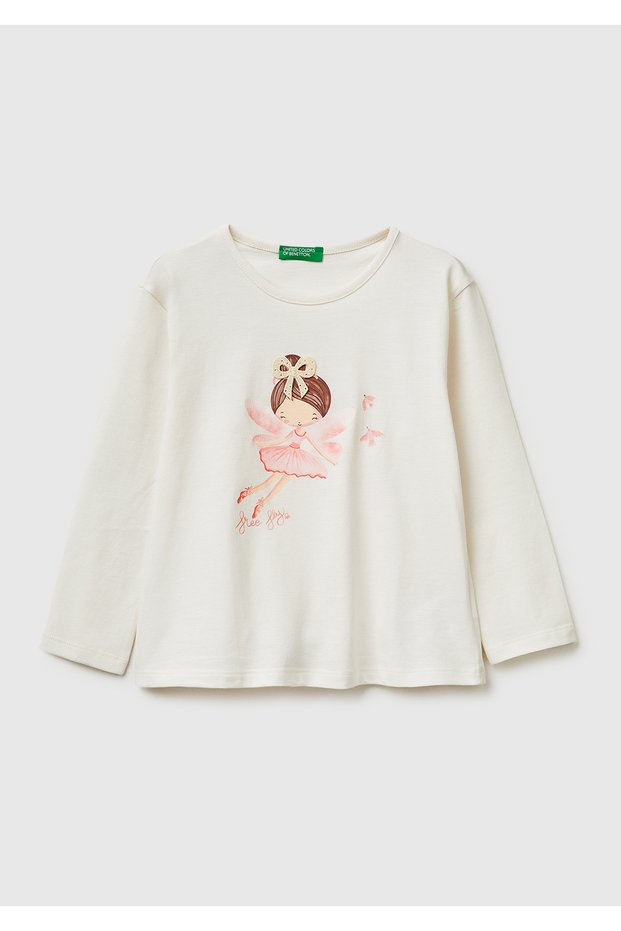 Girl's Ecru Printed Long Sleeve Crew Neck T-Shirt