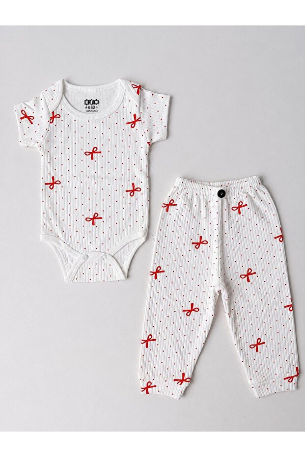 2-Piece Bow Patterned Cotton Baby Girl Short Sleeve Bodysuit and Pants Set