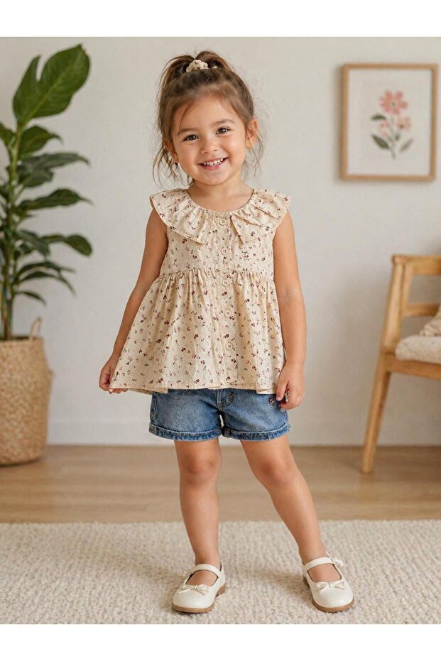 Cappadocia Ki̇ds Girl's 2-Piece Set Floral Patterned Blouse & Denim Shorts