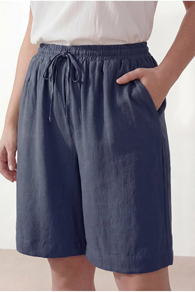 Elastic Waist Lace-Up Women's Plus Size Shorts Navy Blue