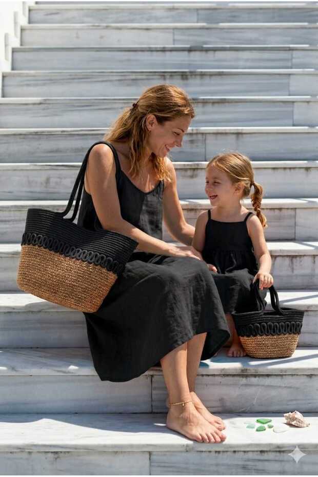 Straw Bag Straw Beach Bag Beach Mommy Daughter Model