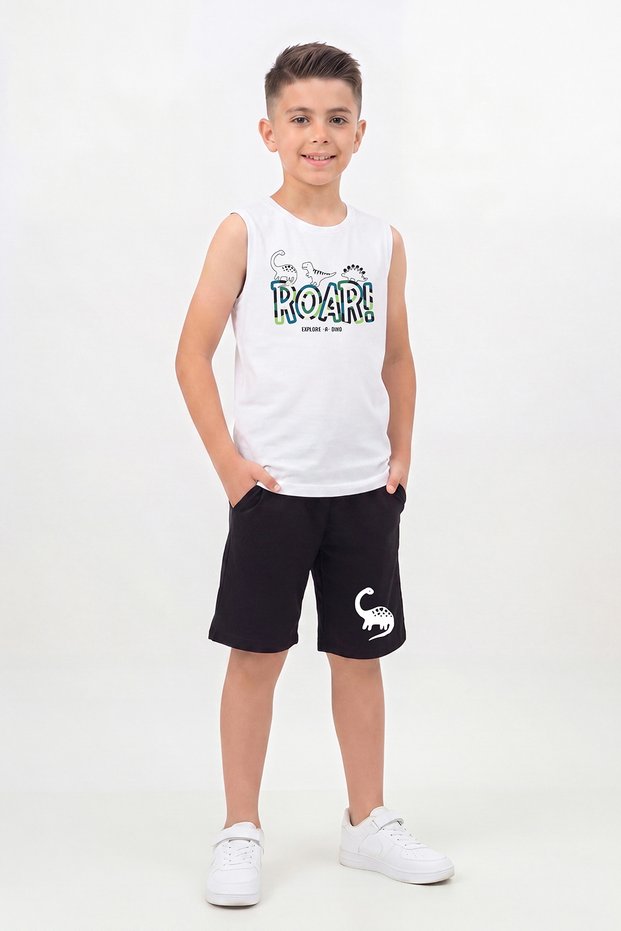 Zero Sleeve Round Neck Print Detailed Boys' Top and Bottom Set
