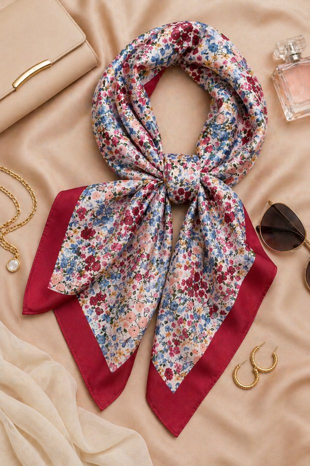 Women's Burgundy Edged Floral Patterned 70X70 cm Satin Scarf, Silky Textured Square Neck Hair and Bag Accessory
