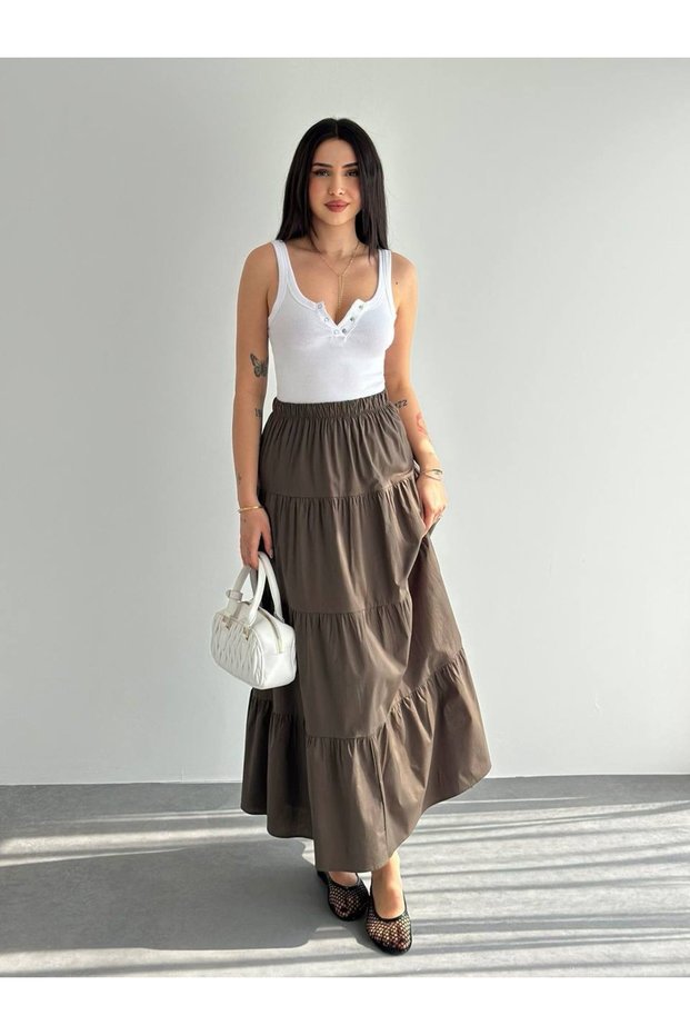 Women's Layered Long Skirt with Elastic Waist – Loose Flared Maxi Length Casual Skirt