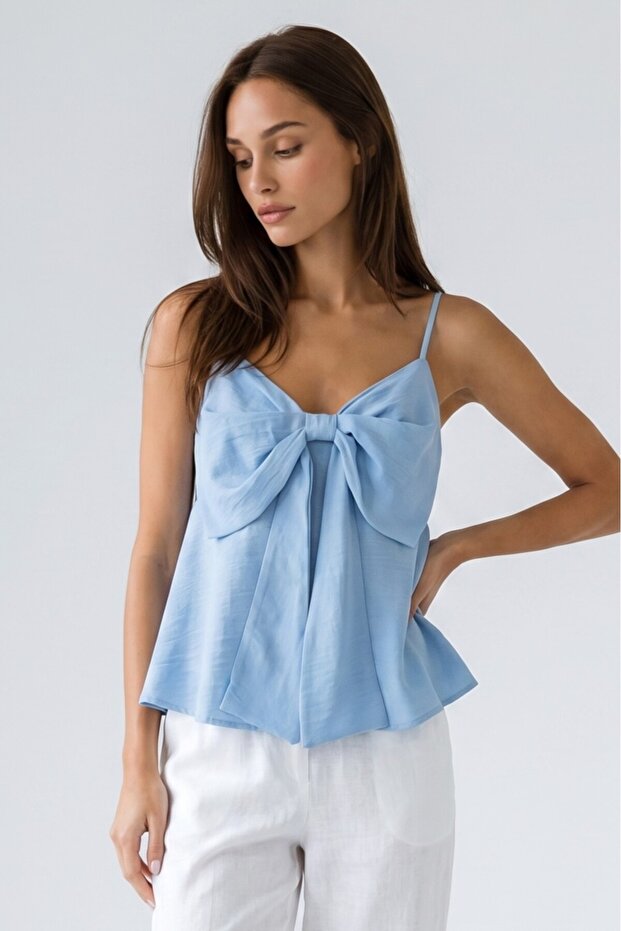 Women's Linen-Like Blouse with Bow Detail on the Front and Adjustable Thin Straps