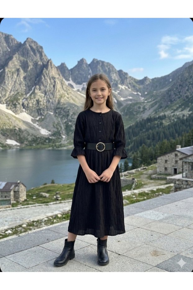 Girl's Crinkled Fabric Belted Half-Sleeve Long Casual Belted Dress for Eid.