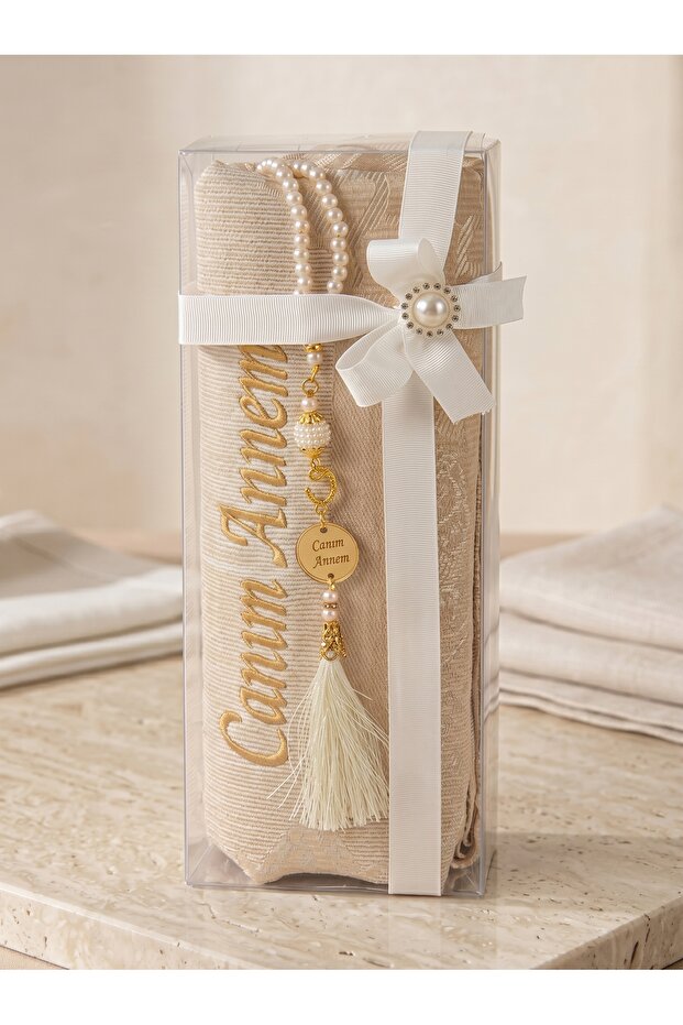 Special for Mother's Day: My Dear Mom Embroidered Prayer Rug Set with Prayer Beads - White