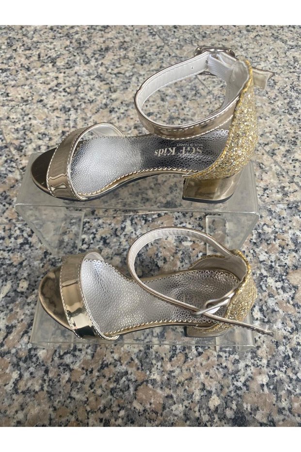 Gold-Colored Outer Material Patent Leather Lace-Up Thick-Heeled Children's Shoes