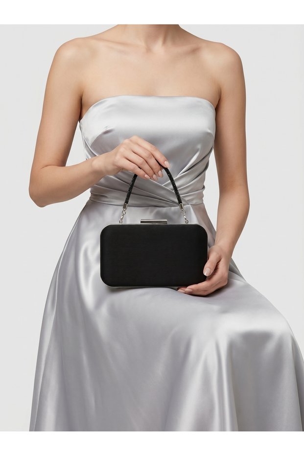 Black Z.A.R.A. Satin Crystal Stone Embroidered Chain Women's Evening Dress Bag Wedding Engagement Graduation