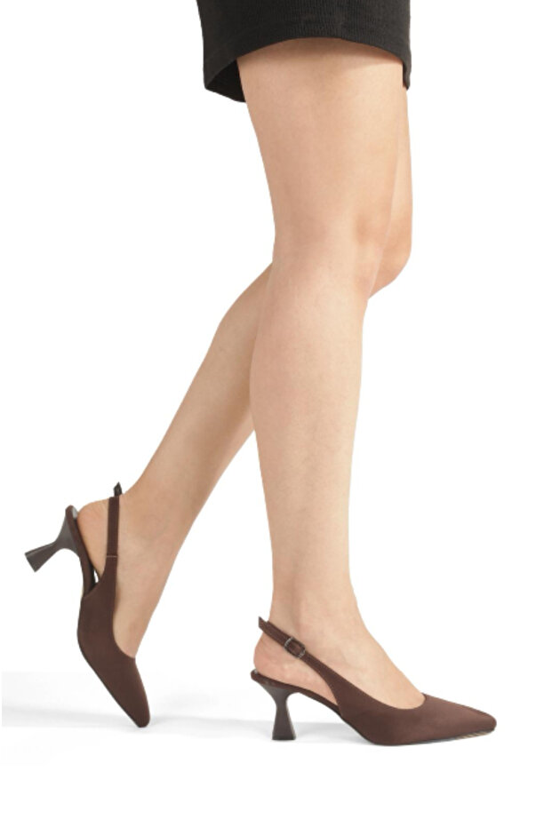 Brown Suede Pointed Toe Open Back 5 cm Goggle Heel New Season