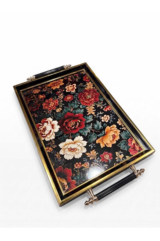 Digital Printed Glass Serving Tray – Efsun Motif, Metal Handle 46X28 cm
