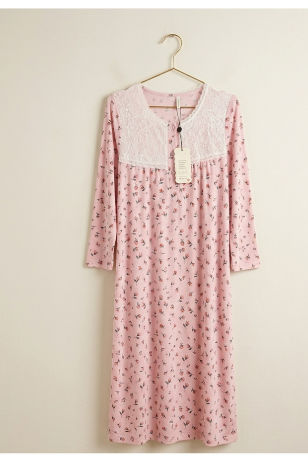 Lace Detailed Floral Patterned Long Sleeve Nightgown Pajamas - Pink