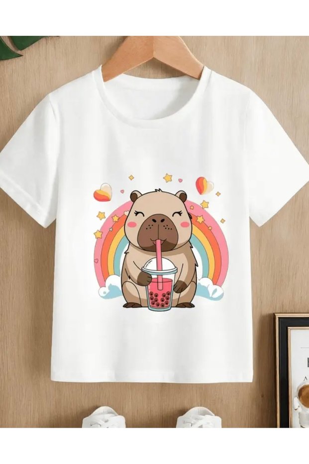 New Season Capybara Rainbow Printed 100% Cotton Oversize Girls' T-Shirt