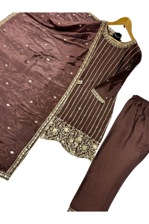 Brown Chinon Silk Embroidered Kurta Palazzo Set with Dupatta - HRT7614 | Brown