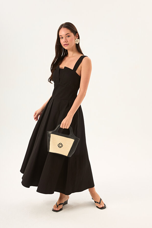 Black Square Collar Cotton Long Flounce Alin Dress
