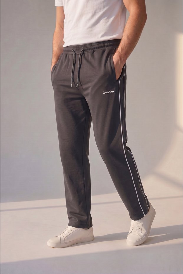 Smoked Double-Piping Side Pocket Zippered Comfortable Cut Combed Cotton Sweatpants Straight Leg Casual Sports Sweatpants
