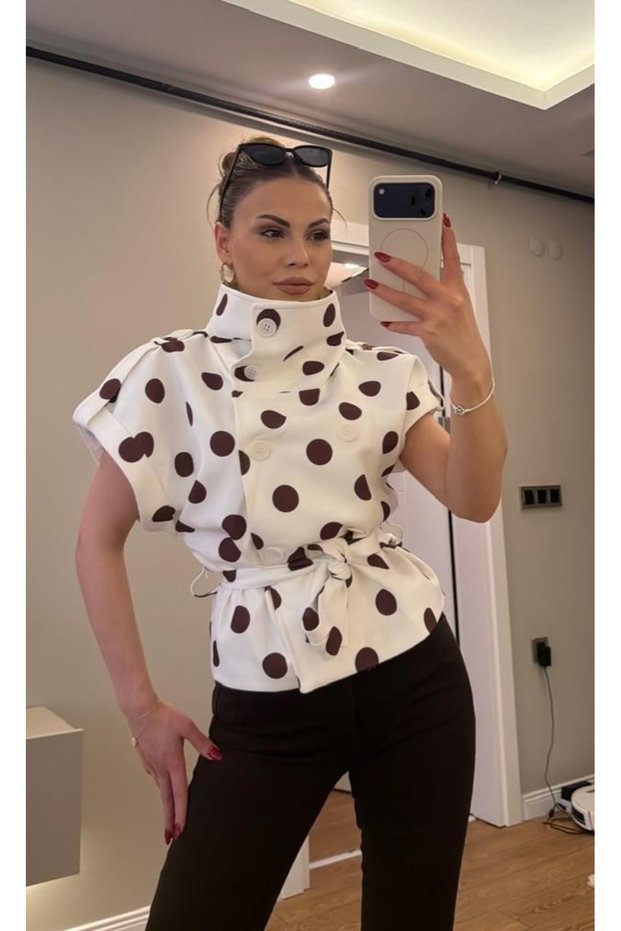 Ecru-Brown Epaulettes, Button Detail, Belted Polka Dot Vest - 504364