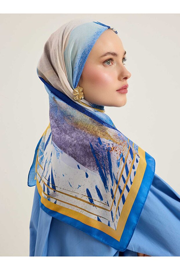 Blue and Yellow Patterned Soft Scarf - - 3
