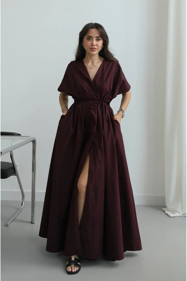Burgundy 100% Cotton Pleated Bat Sleeve Dress with Tie Waist - 206201
